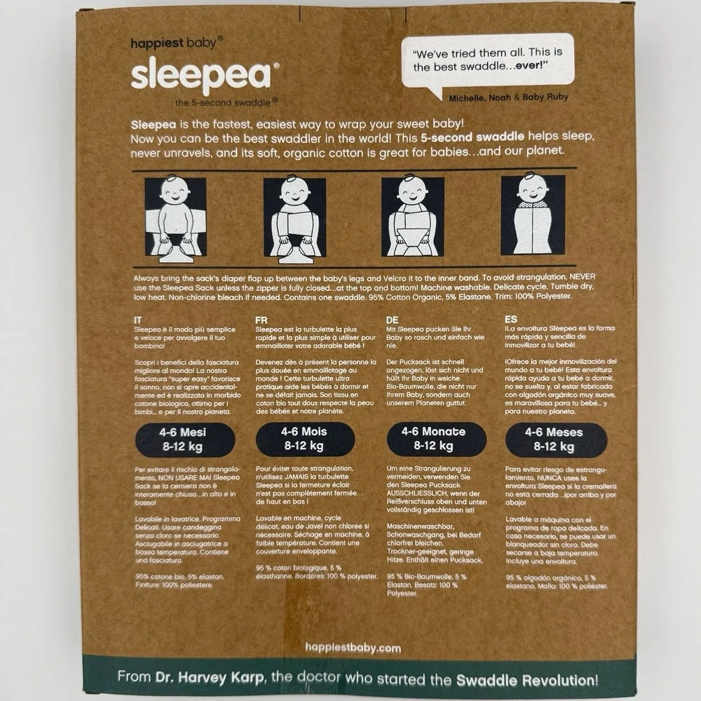 Happiest Baby Sleepea Swaddle Sleep Sack Large 4-6M Pink Organic Cotton NIB